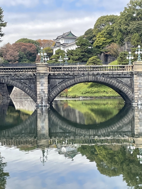 Bridge reflecting on calm water in a park.