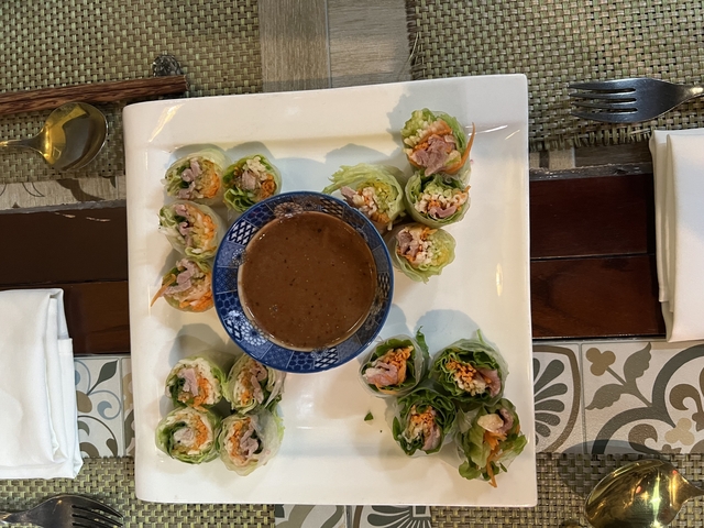      Plate of fresh spring rolls with a dipping sauce
  