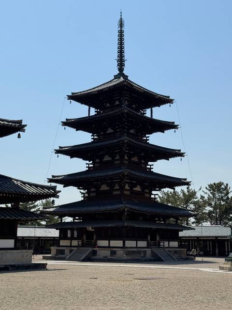 Tall pagoda structure with hanging bells at each level.