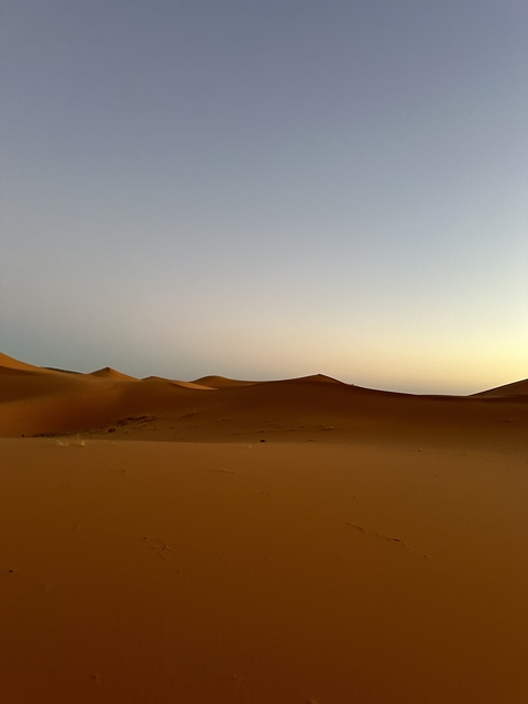 Sand dunes at sunrise or sunset in a desert landscape.