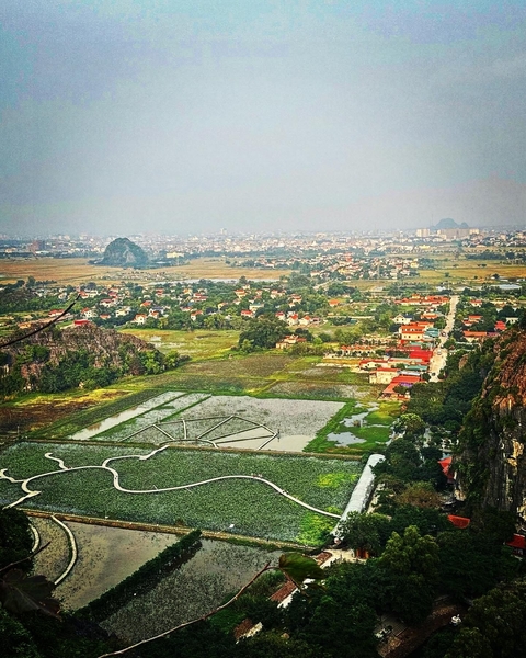       Scenic view overlooking rice paddies and countryside.
  