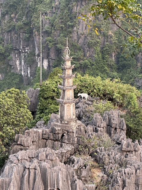       A tall pagoda structure among lush greenery on rocky terrain.
  