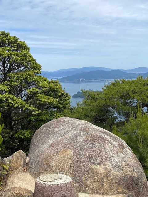 Distant islands seen from a hilltop with trees.