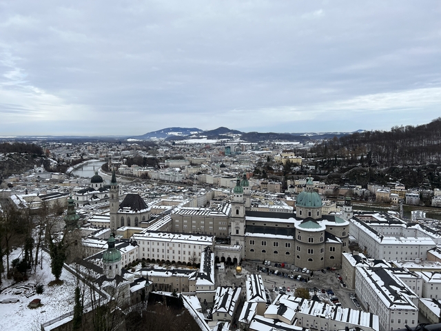 Panoramic view of a city with snow-covered buildings.
