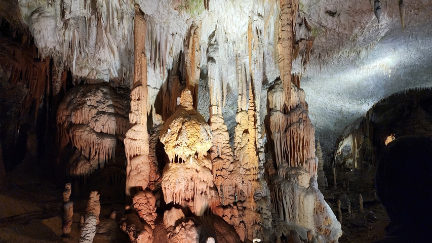 Stalactites and stalagmites illuminated within a cave.