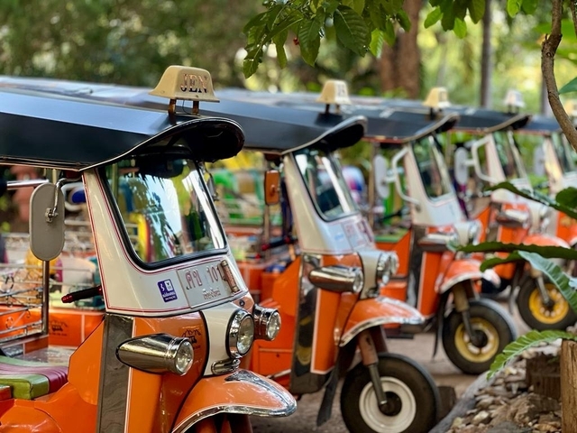 Row of iconic tuk-tuks parked in a line.