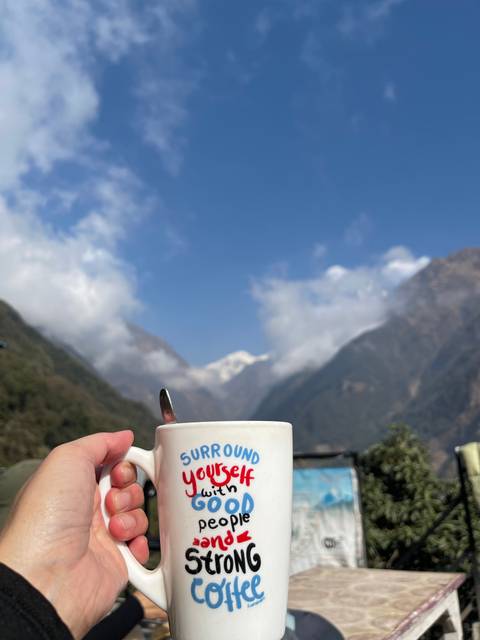       A hand holding a mug with mountains in the background.
  