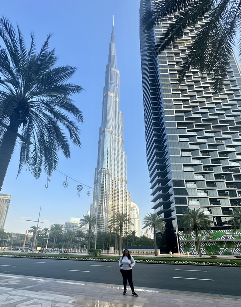       Tall skyscraper surrounded by other modern buildings and palm trees.
  