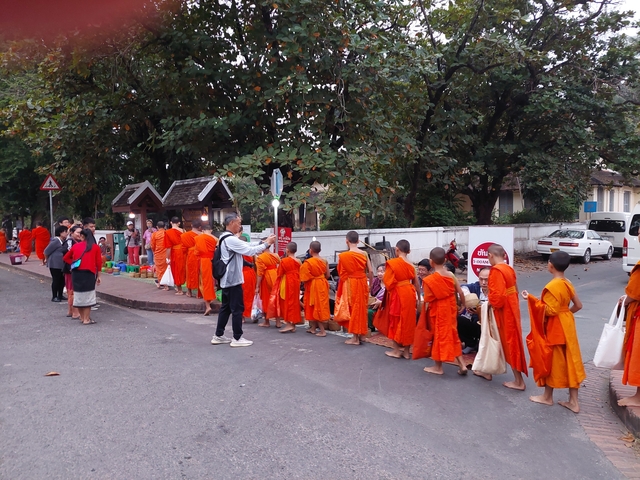       Monks in orange robes walking in a line receiving offerings.
  