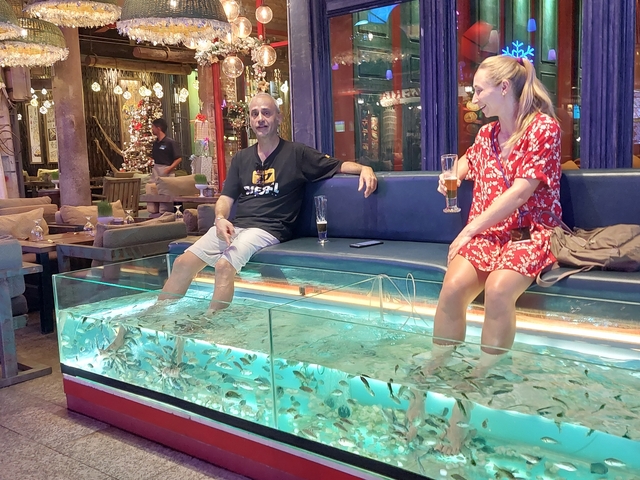 People enjoying fish spa treatment in a modern setting.