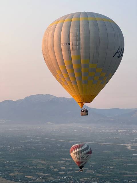       Hot air balloons flying over a valley.
  