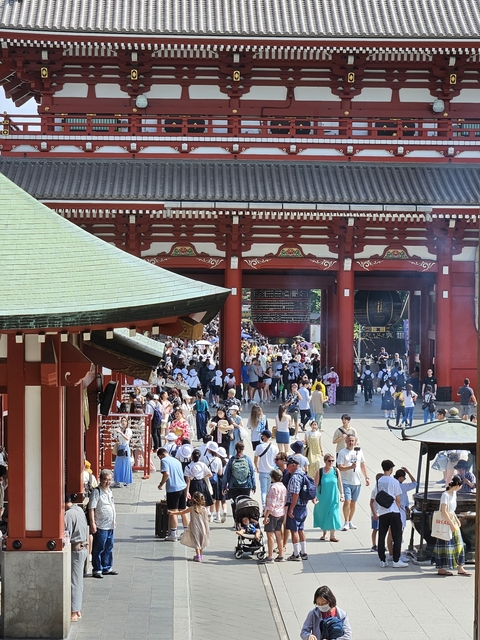 A busy temple area with many visitors and large lanterns.