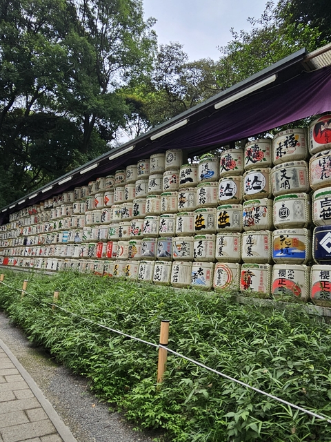 Rows of colorful sake barrels stacked on a shelf.