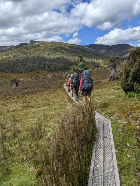 Hikers walking through a grassy plain with backpacks.