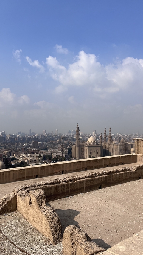       Cityscape of Cairo with historic mosques.
  