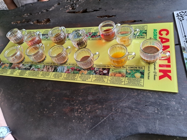 Display of tea options with small glass cups.