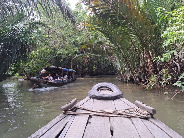 Boat carrying tourists through a lush river.
