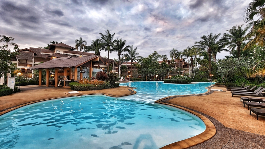       Luxurious resort pool area surrounded by palm trees.
  
