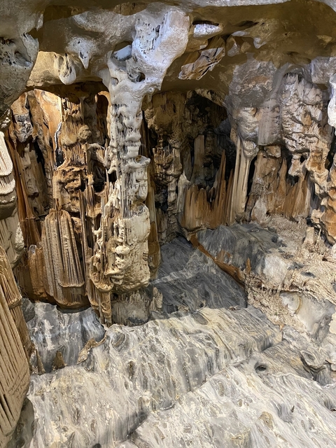 Stalactites and stalagmites in an underground cave.
