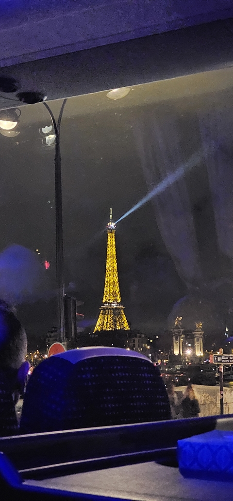       The Eiffel Tower illuminated at night with a beam of light.
  