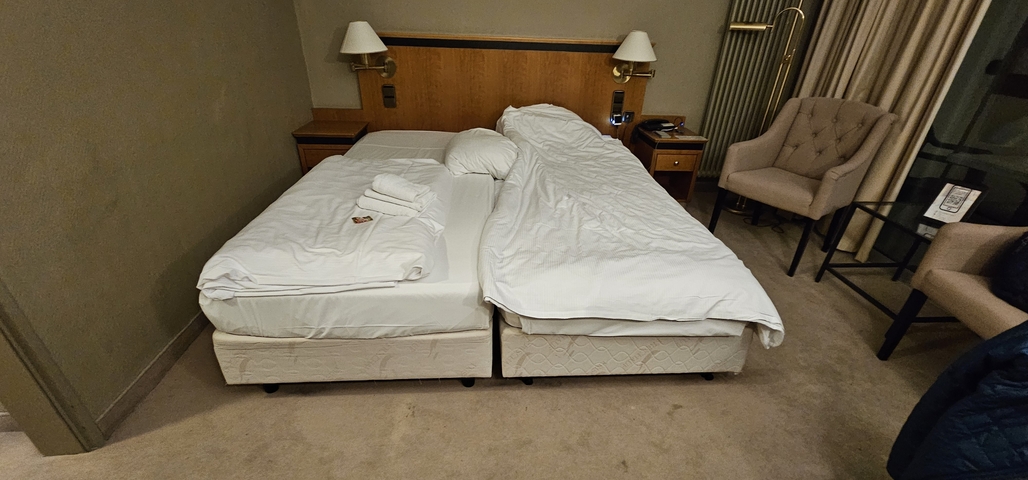       A hotel room with two single beds pushed together.
  