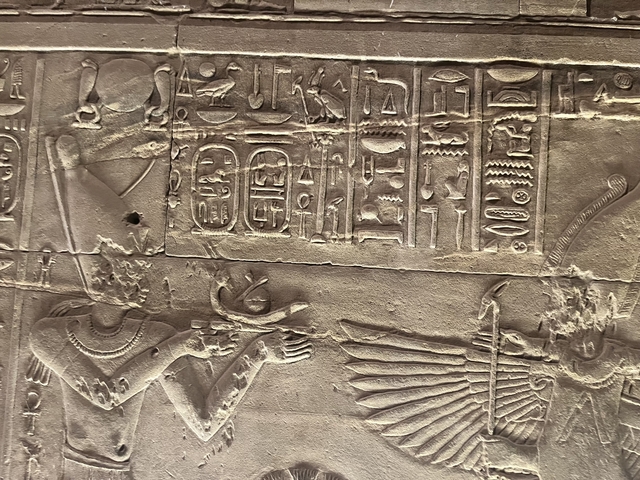       Close-up of ancient Egyptian hieroglyphs carved into stone.
  
