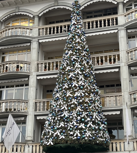       Tall Christmas tree with decorative ornaments in front of buildings.
  