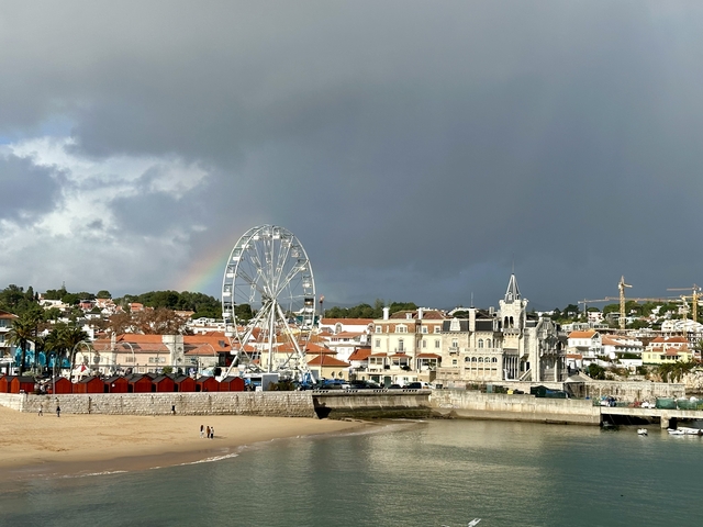       Ferris wheel and historic buildings by the seaside.
  