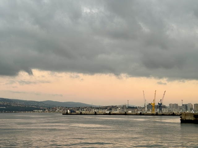       Distant cityscape and overcast sky with coastline.
  