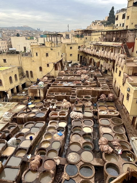       An aerial view of a traditional tannery with workers and stone vessels.
  