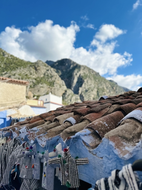       Clay roof tiles with a mountain backdrop under a blue sky.
  