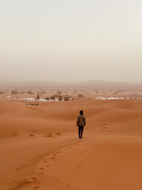       A person walking on desert dunes with distant tents and a group of camels.
  
