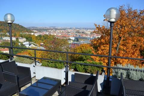       A panoramic view of a city from a balcony with autumn foliage.
  