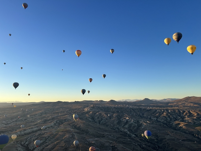       Landscape with several hot air balloons in the sky
  