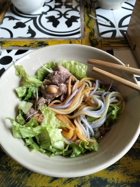       Bowl of mixed noodles, greens, and meat with chopsticks.
  