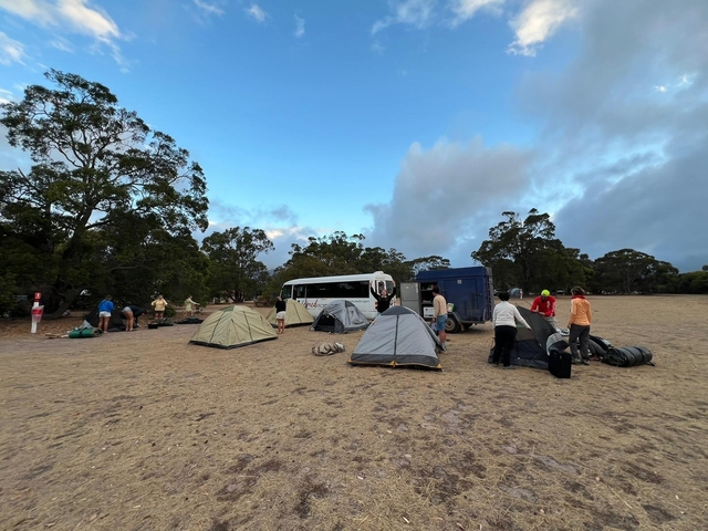       People setting up tents near a bus at a campsite.
  
