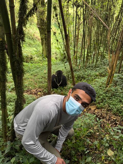Man wearing a mask sitting in the forest with a gorilla nearby.