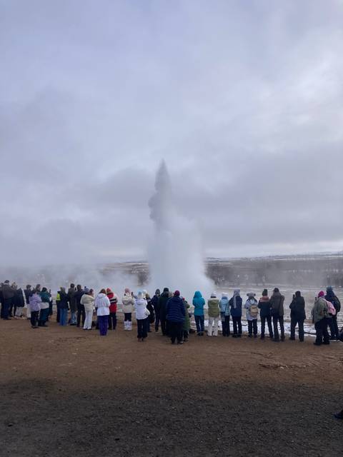 Crowd watching a geyser eruption.