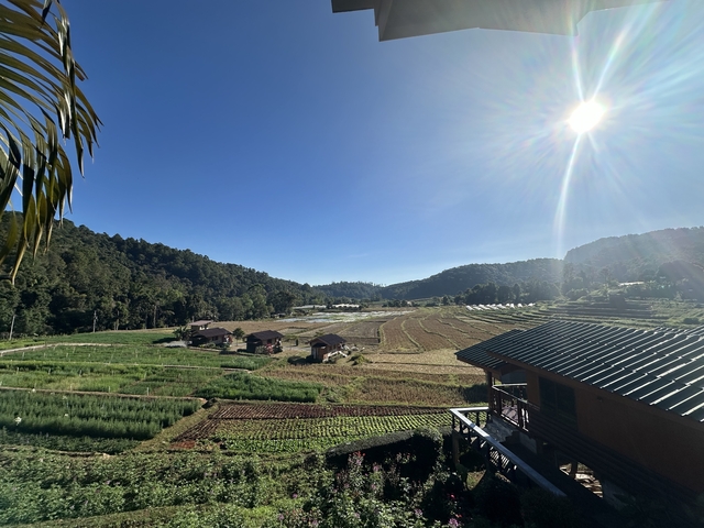       Landscape view with fields and a clear blue sky.
  