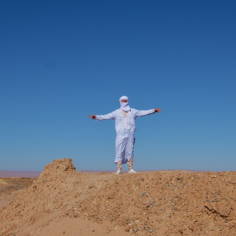       Person standing with arms outstretched on a desert hill.
  