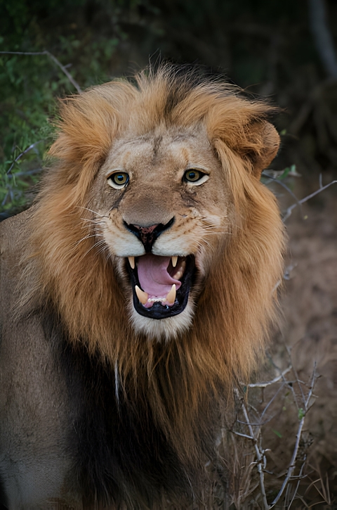       Close-up of a roaring lion showing its sharp teeth.
  