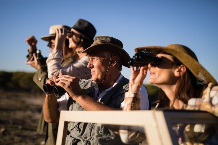       Group of people using binoculars on a safari.
  