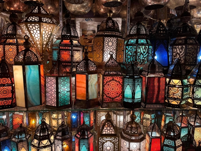 Display of colorful decorative lanterns.