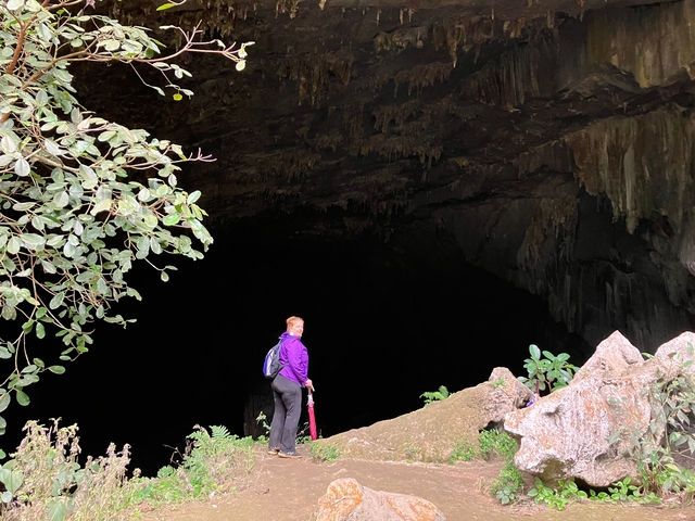       Person standing at the entrance of a large cave.
  