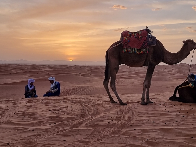 Camels and two people in traditional attire in the desert at sunset.