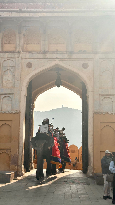       People riding elephants through an ancient gate.
  