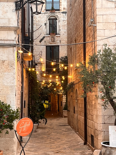 Charming narrow alley with string lights and stone walls