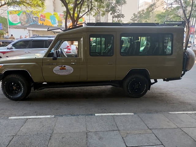 Safari vehicle parked on a city street.