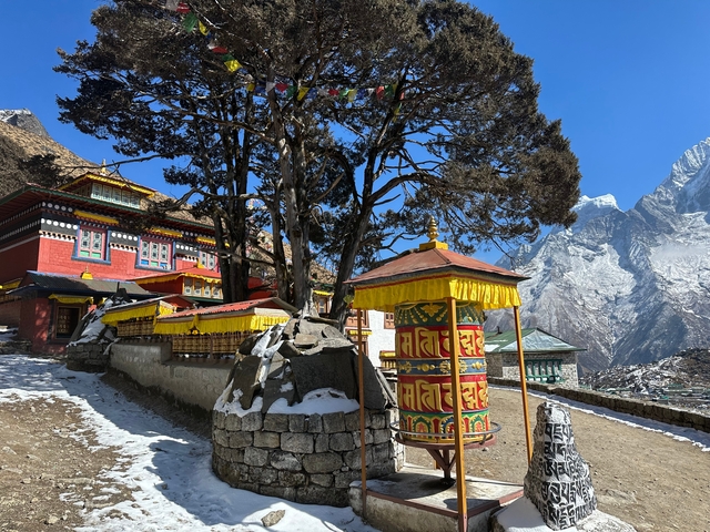 Colorful Buddhist monastery with trees and a mountain.