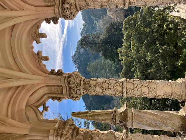       Decorative architectural stonework with a forested background.
  